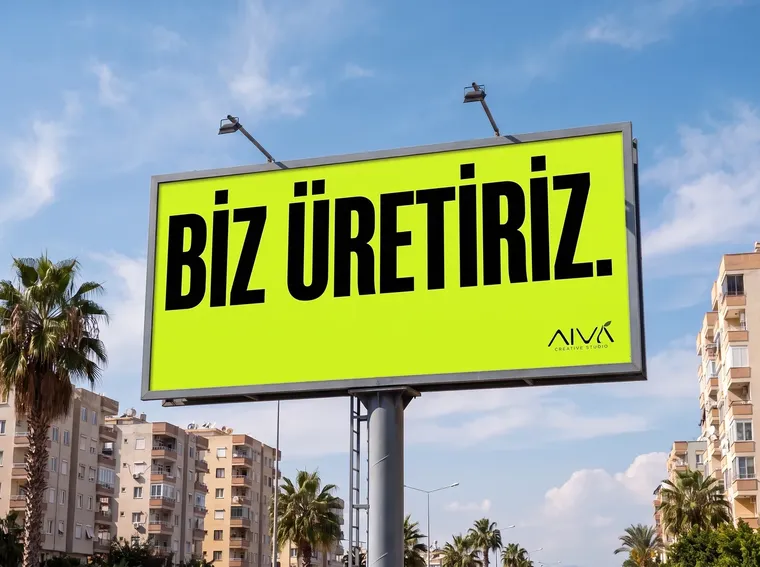 Şehirde BİZ ÜRETİRİZ yazan AIVA billboard'u
