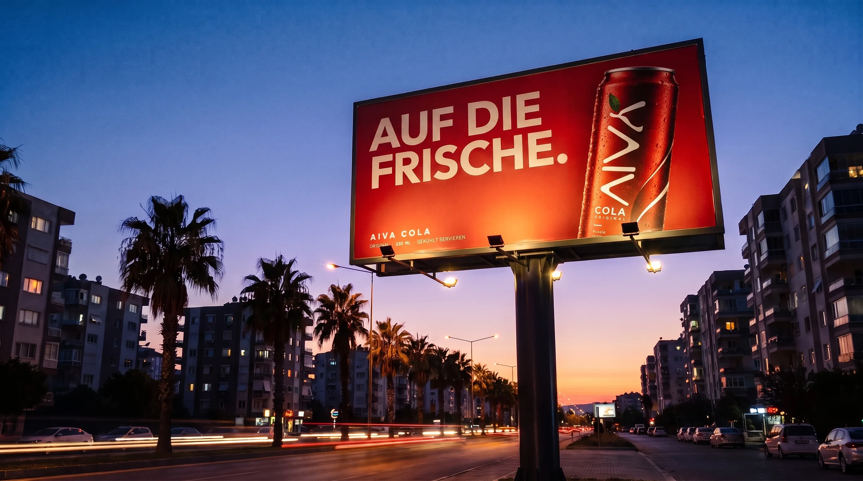 Visualisierung des AIVA Cola Plakats in der Stadt bei Abenddämmerung