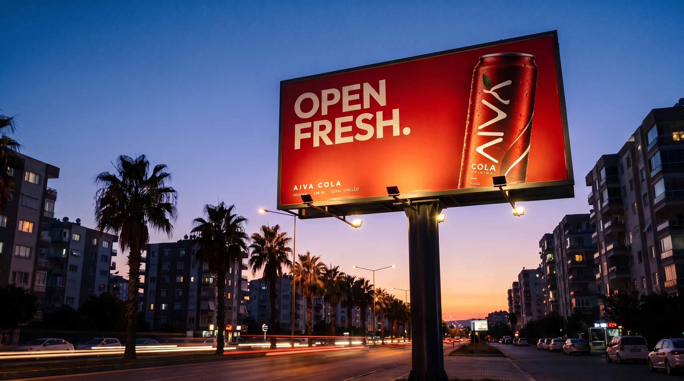 Visualisation of the AIVA Cola billboard in the city at dusk