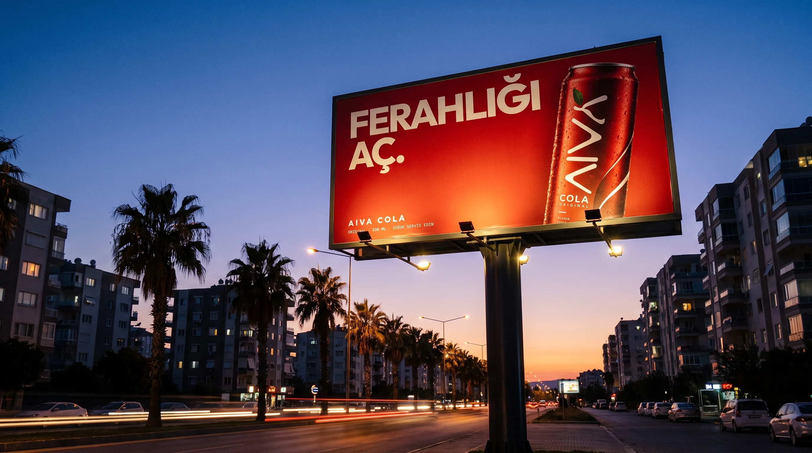 AIVA Cola billboard'unun şehirde akşam saatlerinde görselleştirmesi